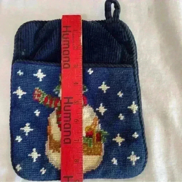 Vintage Needlepoint Blue Snowman Pot Holder Wall Hang Corduroy 9”x7” Christmas - Picture 4 of 5